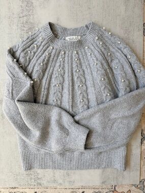 Rachel Zoe Light Gray Pearl-Embellished Cable Knit Crewneck Sweater Size Large